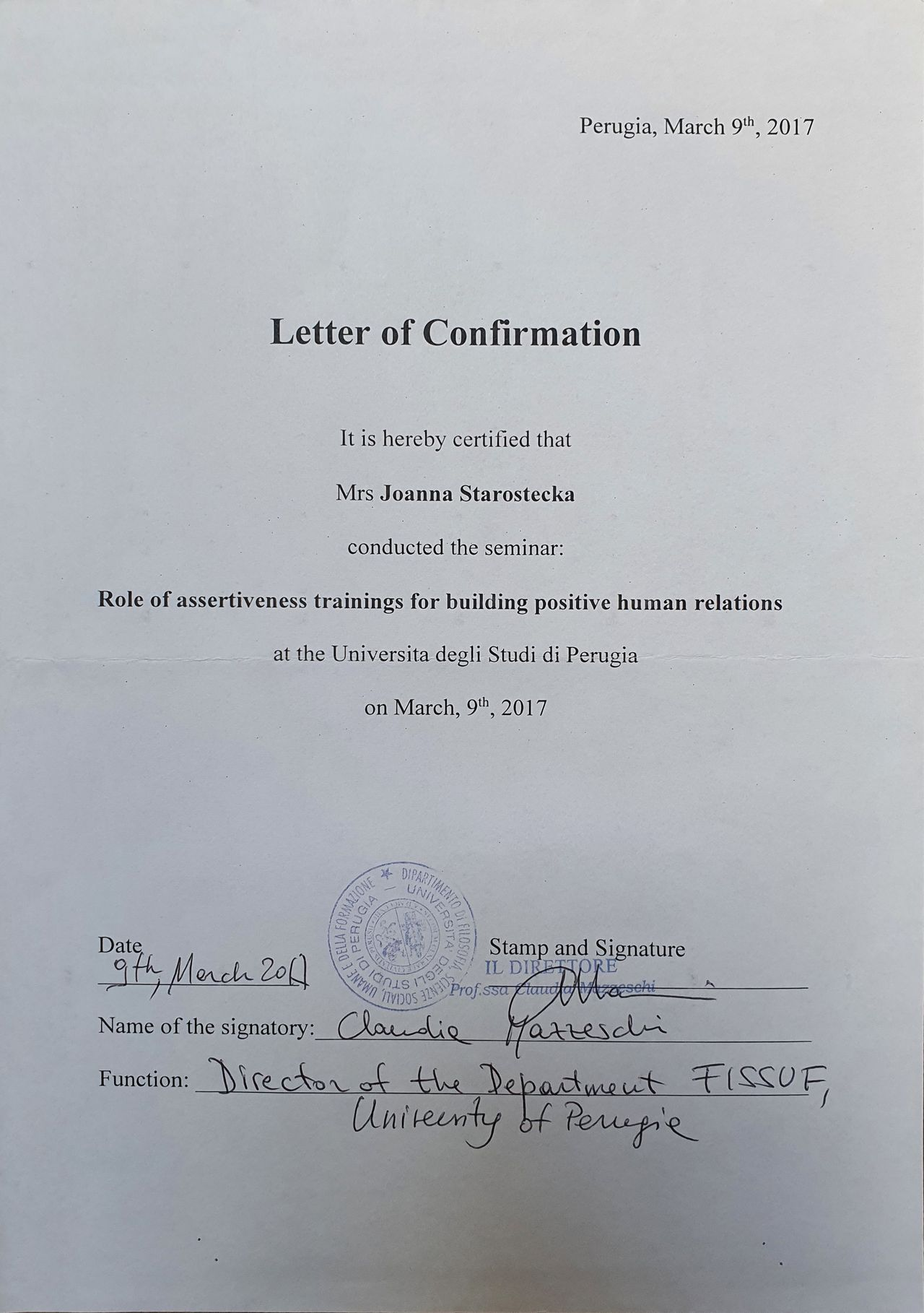 Università degli Studi di Perugia — Letter of Confirmation